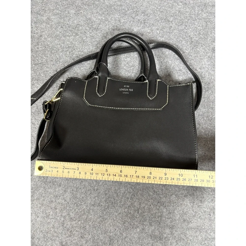 London Fog Authentic Satchel Medium Black Contrast Stitch Faux Leather Bag